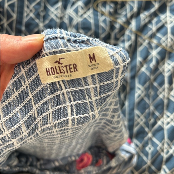 Hollister Blue and White Striped Off-Shoulder Dress with Floral Embroidery - Picture 3 of 7